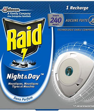 Raid Recharge Pour Diffuseur Électrique Night et Day Mouches, Moustiques et Moustiques Tigres, 240 heures