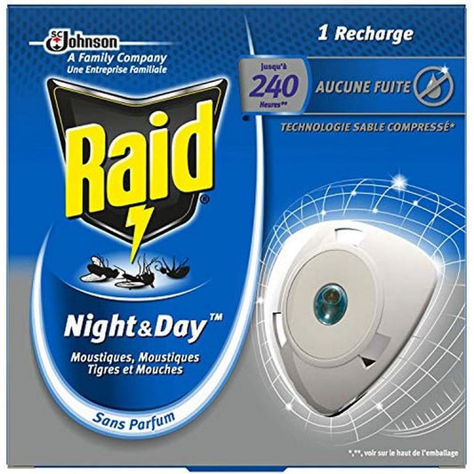 Raid Recharge Pour Diffuseur Électrique Night et Day Mouches, Moustiques et Moustiques Tigres, 240 heures