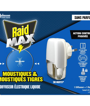 Raid Max Diffuseur Anti-Moustiques - 30 Nuits sans parfum, protection continue contre moustiques tigres, idéal pour maison et bureau.