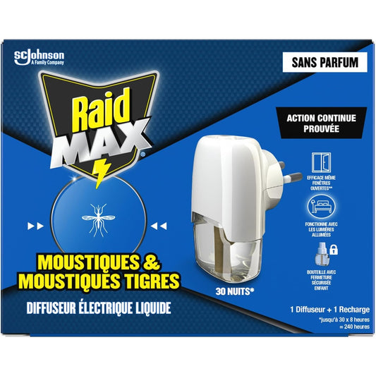 Raid Max Diffuseur Anti-Moustiques - 30 Nuits sans parfum, protection continue contre moustiques tigres, idéal pour maison et bureau.
