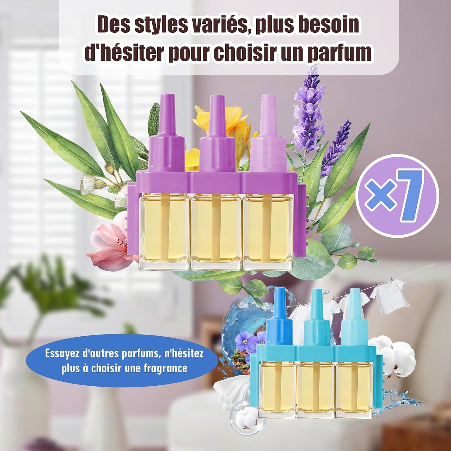 Recharges 3Volution compactible avec Diffuseur Électrique FEBREZE ,  Lavande,Eucalyptus,Floraux, Lin,Coton,Océan8x20ml