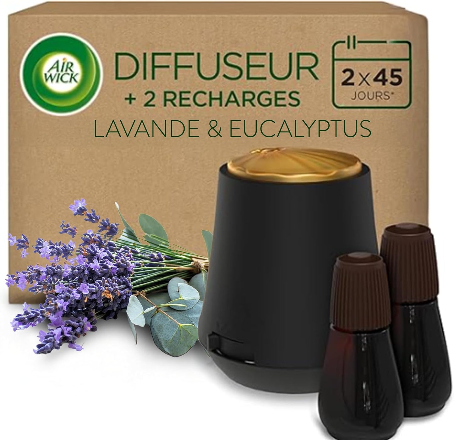 Air Wick Diffuseur d’huiles Essentielles Brume Parfumée+ 2 Recharges 20 ml Parfum Lavande et Eucalyptus