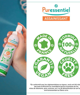 Spray Puressentiel assainissant avec labels vegan, cruelty-free, made in France et formule naturelle. Produit respectueux de l’environnement et de la santé.