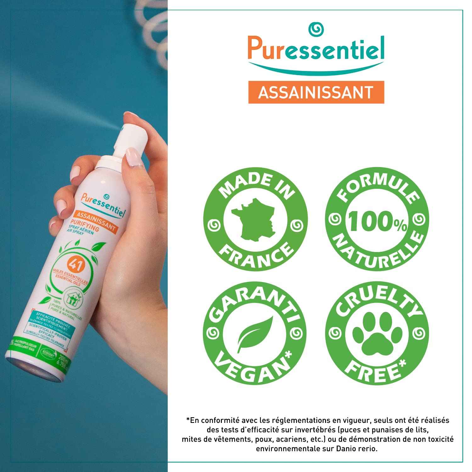 Spray Puressentiel assainissant avec labels vegan, cruelty-free, made in France et formule naturelle. Produit respectueux de l’environnement et de la santé.