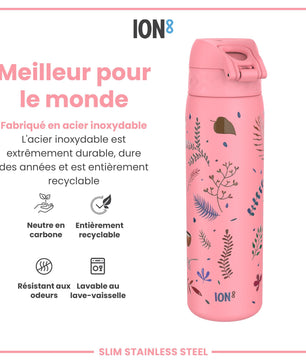 Ion8 Gourde Inox Léger, 600ml, Non Isolé, Anti-Fuite, Facile à Ouvrir, Verrouillage Sécurisé, Lavable au Lave-Vaisselle, Poignée de Transport, Durable, Acier Inoxydable, Flamant - Cpourtoi.Net