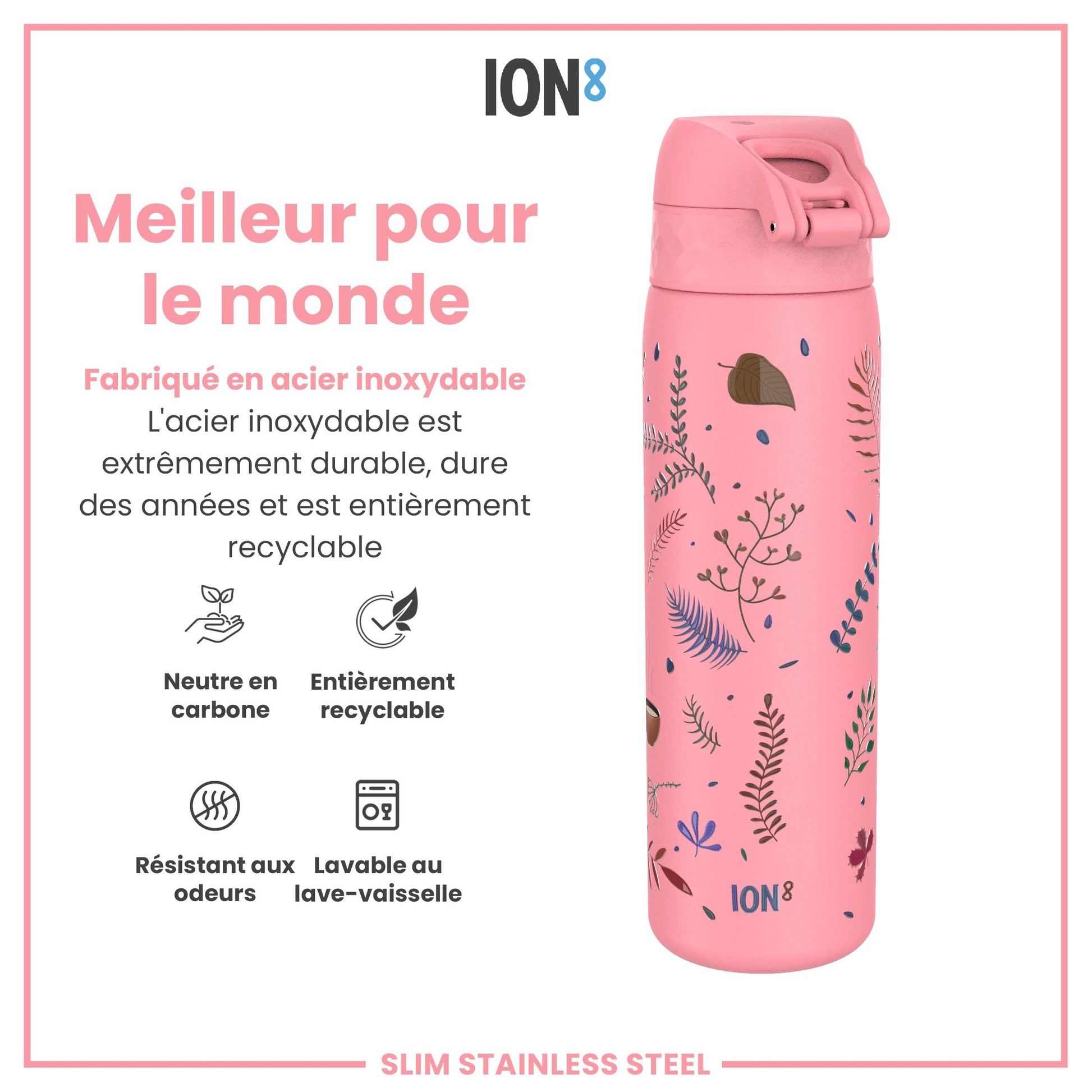 Ion8 Gourde Inox Léger, 600ml, Non Isolé, Anti-Fuite, Facile à Ouvrir, Verrouillage Sécurisé, Lavable au Lave-Vaisselle, Poignée de Transport, Durable, Acier Inoxydable, Flamant - Cpourtoi.Net