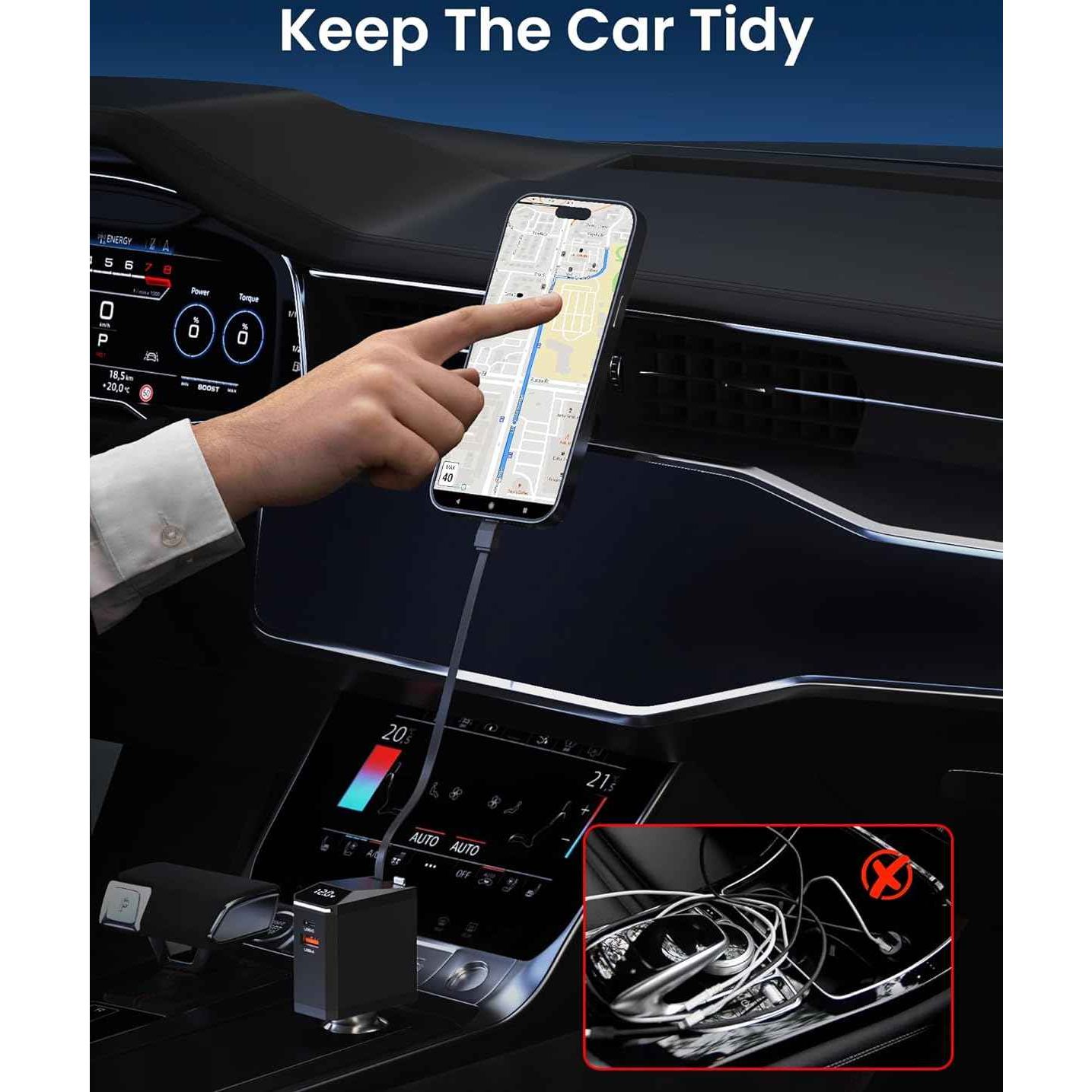 Chargeur rapide téléphone de Voiture Retractable, Allume Cigare USB C
