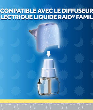 Compatibilité du diffuseur électrique Raid Family avec recharge liquide, solution anti-moustiques sans parfum pour usage domestique.