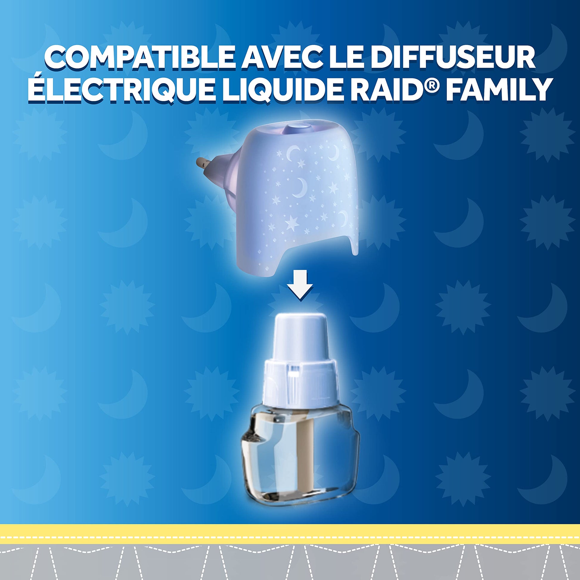 Compatibilité du diffuseur électrique Raid Family avec recharge liquide, solution anti-moustiques pour enfants dès 6 mois sans parfum.