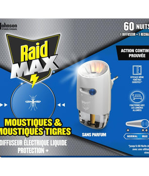 Raid Max Prise Anti-Moustiques Électrique Liquide - Moustiques et Moustiques Tigres 60 Nuits - 1 Diffuseur + 1 Recharge - Sans Parfum
