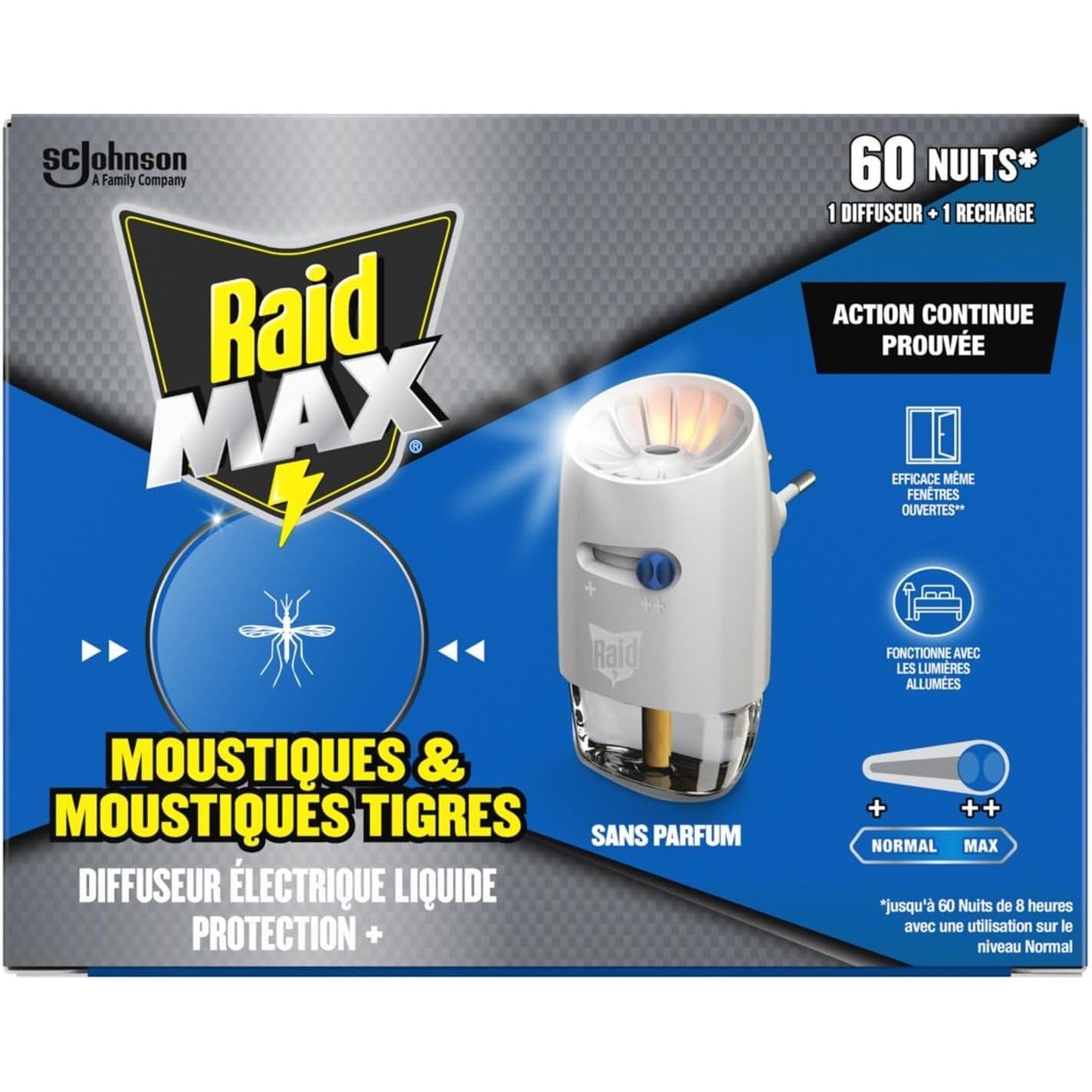 Raid Max Prise Anti-Moustiques Électrique Liquide - Moustiques et Moustiques Tigres 60 Nuits - 1 Diffuseur + 1 Recharge - Sans Parfum