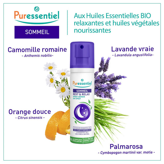 Puressentiel - Sommeil - Spray Aérien Sommeil et Détente aux 12 Huiles Essentielles relaxantes - 100% Pures et Naturelles - Aide à calmer les tensions et à favoriser le sommeil réparateur - 75 ml