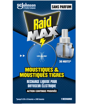 Recharge Raid Anti Moustiques pour diffuseur électrique, protection 30 nuits contre moustiques tigres, sans parfum, usage domestique.