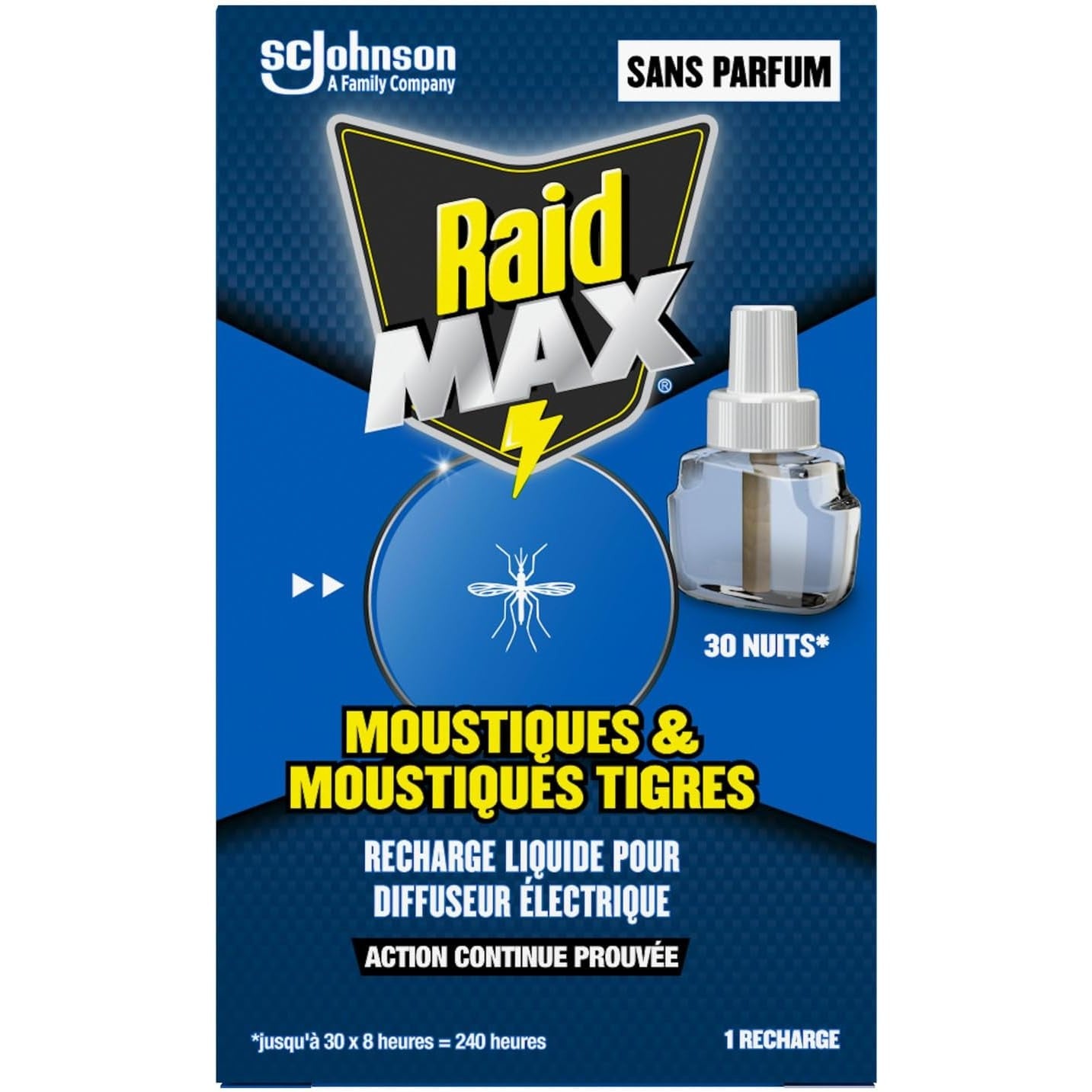 Recharge Raid Anti Moustiques pour diffuseur électrique, protection 30 nuits contre moustiques tigres, sans parfum, usage domestique.