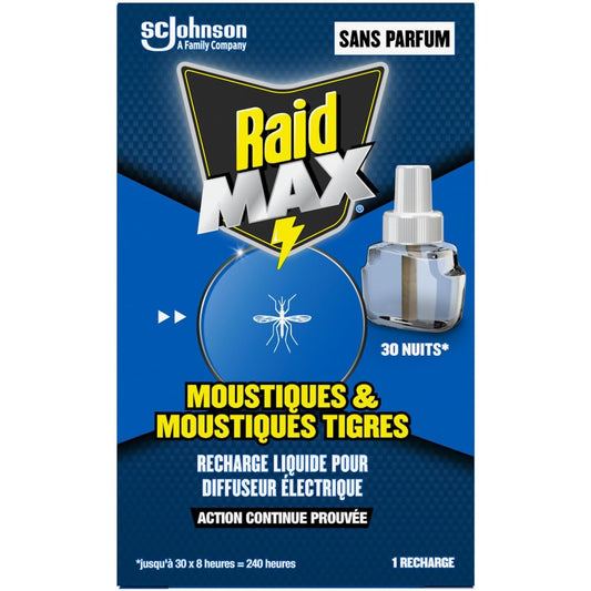 Recharge Raid Anti Moustiques pour diffuseur électrique, protection 30 nuits contre moustiques tigres, sans parfum, usage domestique.