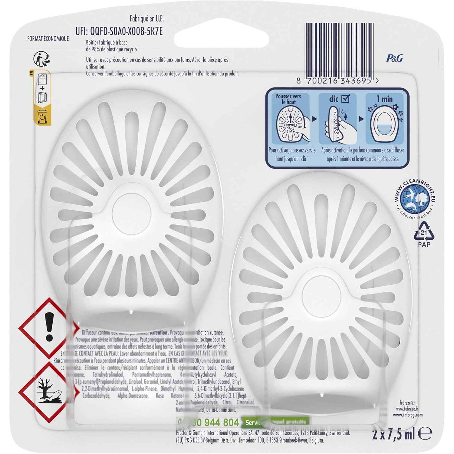 Febreze Petit Coin Pureté De Coton, Désodorisant WC Sans Électricité, Combat et Prévient les Odeurs, Technologie OdourClear, Protège les Surfaces Souples, Activation Simple, Fraîcheur Jusqu'à 50 Jours