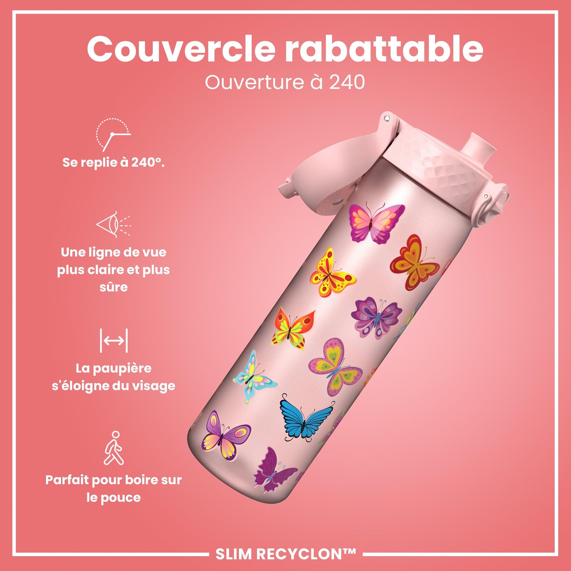 Ion8 Gourde, 500ml, Anti-Fuite, Facile à Ouvrir, Verrouillage Sécurisé, Lavable en Lave-vaisselle, Sans BPA, Poignée de Transport, S'adapte aux Porte-gobelets, Facile à Nettoyer, Motif Papillon - Cpourtoi.Net