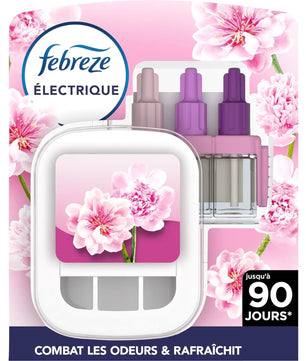 Kit odorant électrique Febreze 3Volution Fleur Naissante avec diffuseur et 3 recharges, design floral rose pour une fraîcheur jusqu'à 90 jours.