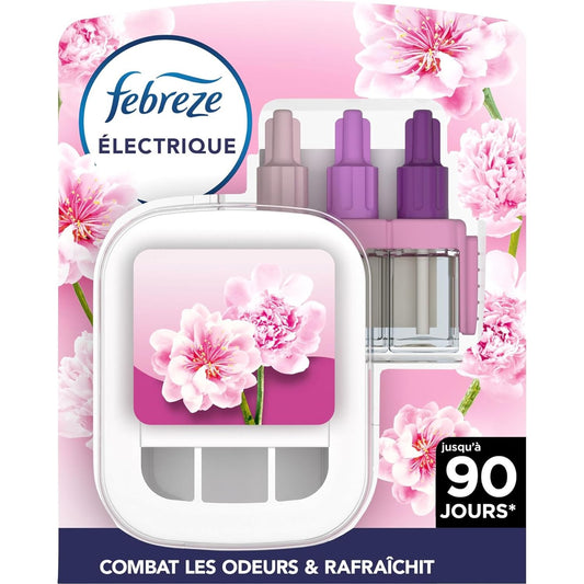 Kit odorant électrique Febreze 3Volution Fleur Naissante avec diffuseur et 3 recharges, design floral rose pour une fraîcheur jusqu'à 90 jours.