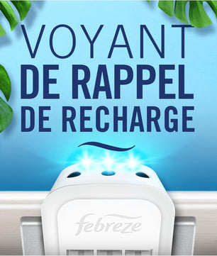 Diffuseur Febreze 3Volution avec voyant lumineux bleu, indiquant la fonction de rappel de recharge pour une utilisation continue sans interruption.