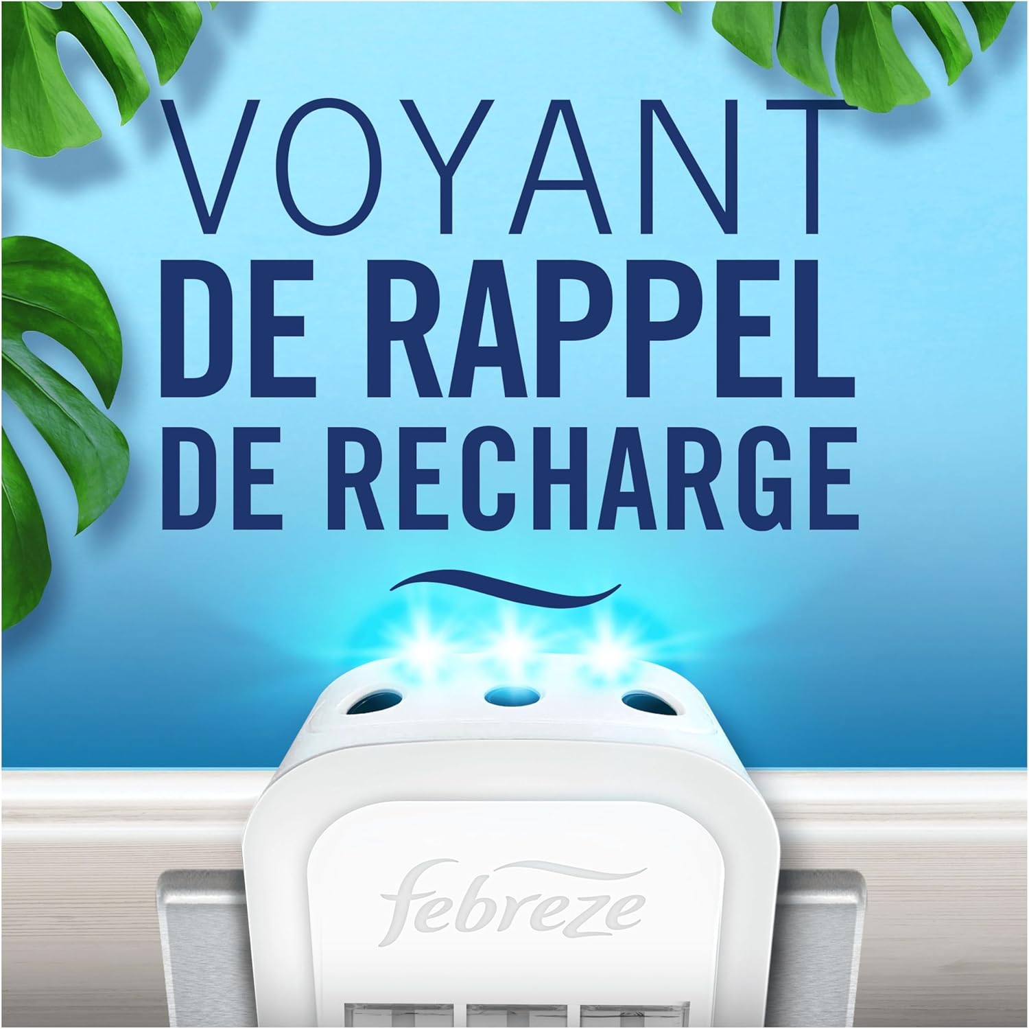 Diffuseur Febreze 3Volution avec voyant lumineux bleu, indiquant la fonction de rappel de recharge pour une utilisation continue sans interruption.