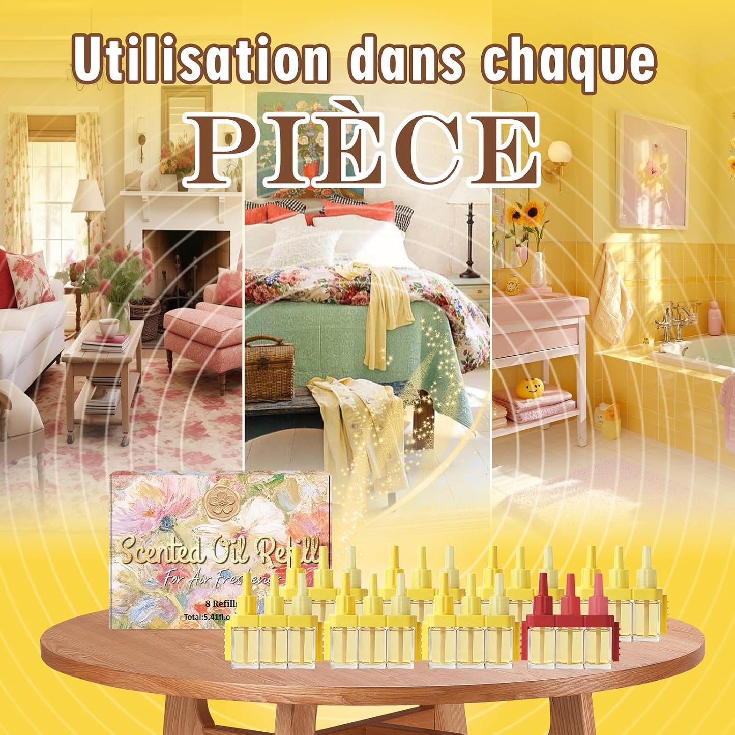 Recharges pour Diffuseur Électrique, Compatible avec Febreze 3Volution Recharges de Désodorisant, Parfum Hawaïi,Vanille, Santal, Framboise, Jasmin, Baies 8x20ml, 3 Parfums en Alternance