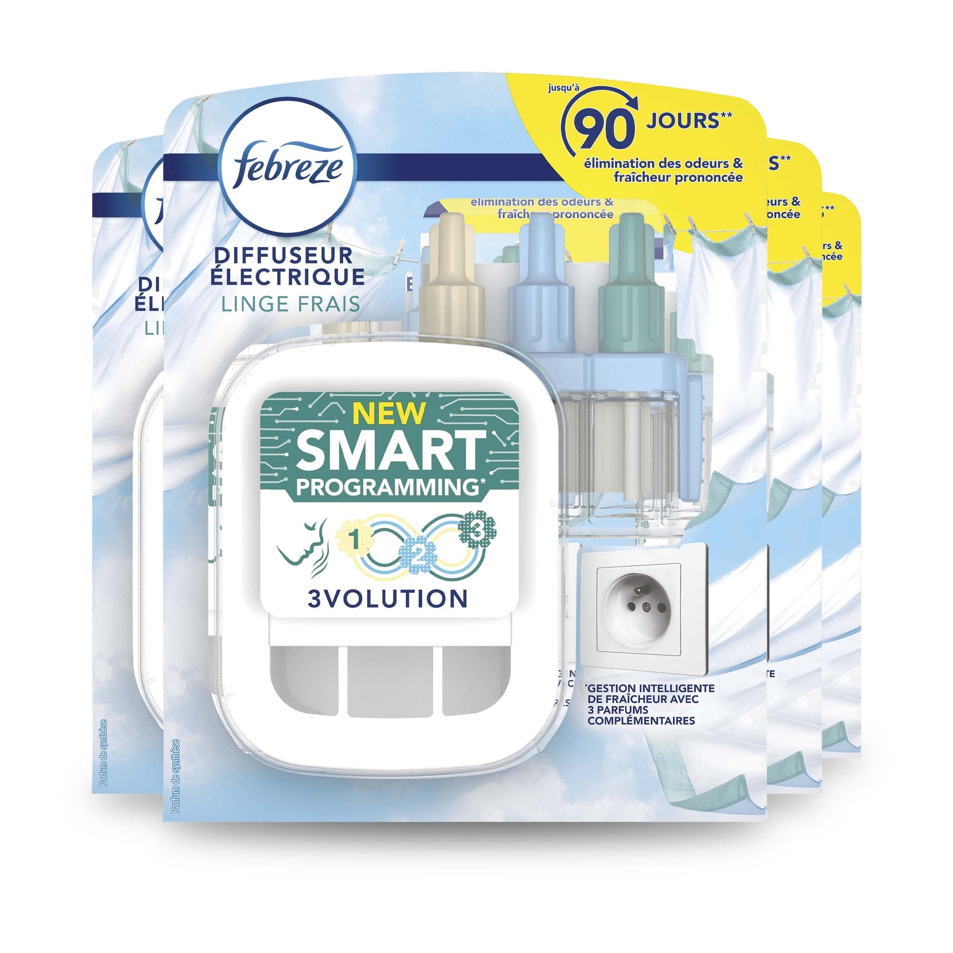 Febreze 3Volution Recharges Eveil Printanier pour Diffuseur Électrique, 4 x 20ml, Désodorisant Maison avec Programmation Intelligente, Technologie OdourClear, Jusqu'à 80 Jours