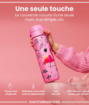 Ion8 Gourde Inox Léger, 600ml, Non Isolé, Anti-Fuite, Facile à Ouvrir, Verrouillage Sécurisé, Lavable au Lave-Vaisselle, Poignée de Transport, Durable, Acier Inoxydable, Flamant - Cpourtoi.Net