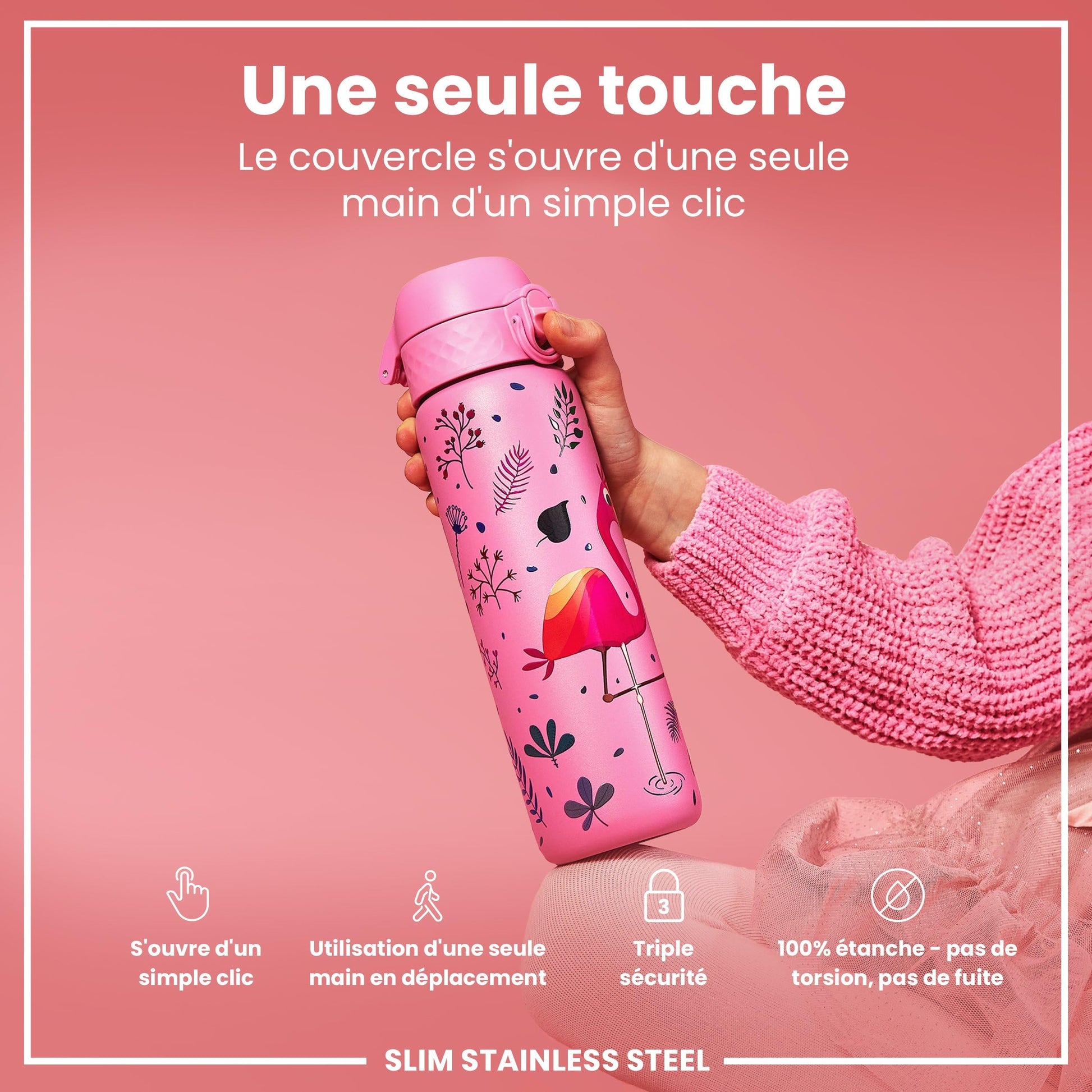 Ion8 Gourde Inox Léger, 600ml, Non Isolé, Anti-Fuite, Facile à Ouvrir, Verrouillage Sécurisé, Lavable au Lave-Vaisselle, Poignée de Transport, Durable, Acier Inoxydable, Flamant - Cpourtoi.Net