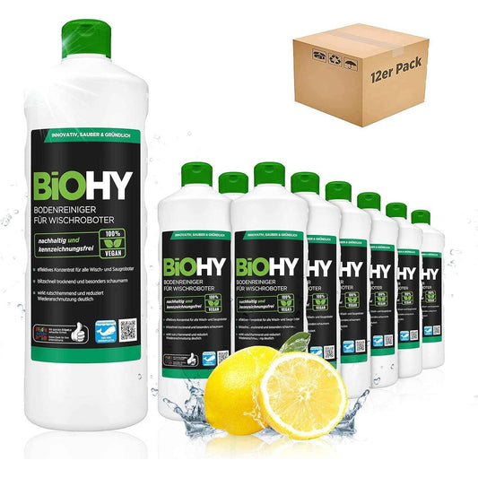 BiOHY Nettoyant de sol pour robot aspirateur laveur (12 x 1l Bouteille) | concentré pour tous les robots d'essuyage et d'aspiration à fonction humide | durable & écologique (Wischroboter)