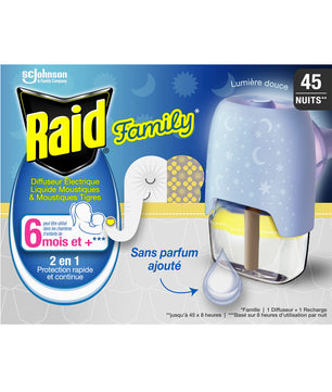 Diffuseur électrique Raid Family avec lumière douce et recharge incluse, protection moustiques pour bébé dès 6 mois, sans parfum ajouté.
