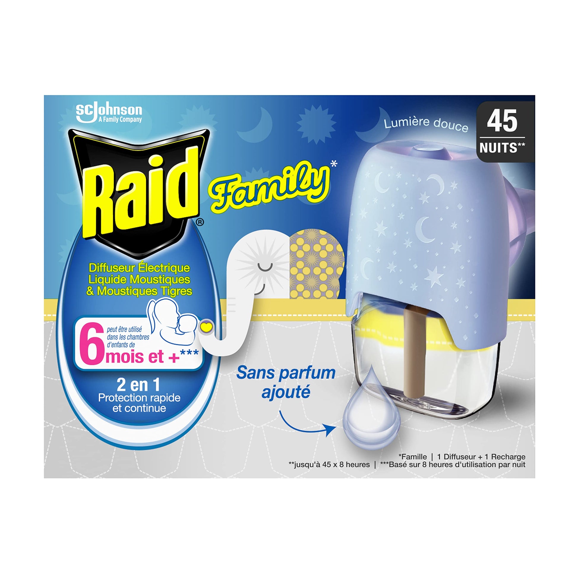 Diffuseur électrique Raid Family avec lumière douce et recharge incluse, protection moustiques pour bébé dès 6 mois, sans parfum ajouté.