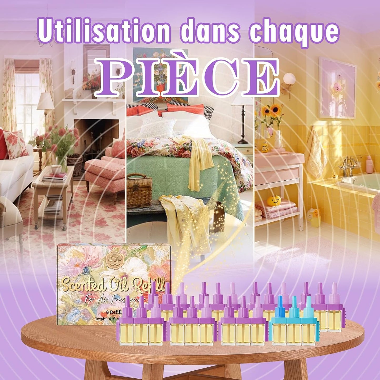 Recharges 3Volution compactible avec Diffuseur Électrique FEBREZE ,  Lavande,Eucalyptus,Floraux, Lin,Coton,Océan8x20ml