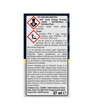 Informations de sécurité et composition du Raid Family diffuseur électrique anti-moustiques, usage domestique avec recharge incluse.