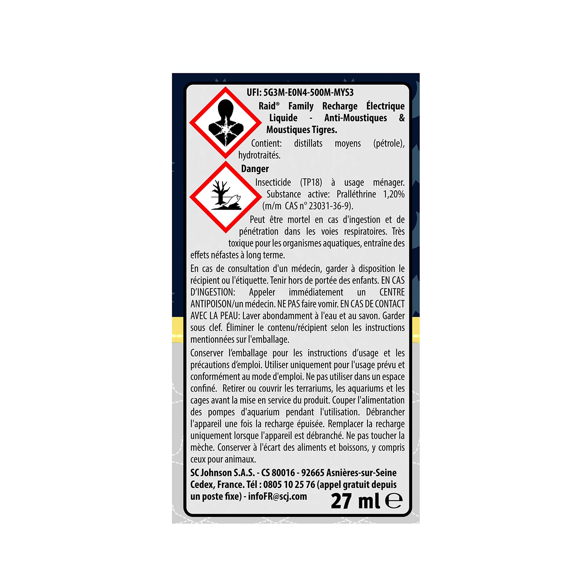 Informations de sécurité et composition du Raid Family diffuseur électrique anti-moustiques, usage domestique avec recharge incluse.