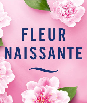 Design floral rose avec texte Fleur Naissante, illustrant la senteur douce et printanière du désodorisant Febreze 3Volution pour la maison.