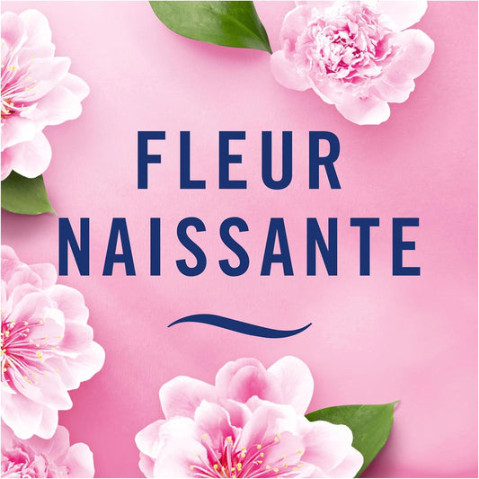 Design floral rose avec texte Fleur Naissante, illustrant la senteur douce et printanière du désodorisant Febreze 3Volution pour la maison.