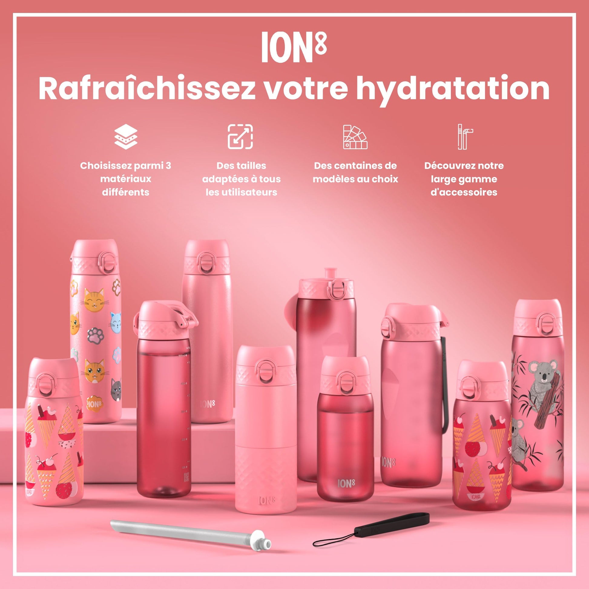 Ion8 Gourde Inox Léger, 600ml, Non Isolé, Anti-Fuite, Facile à Ouvrir, Verrouillage Sécurisé, Lavable au Lave-Vaisselle, Poignée de Transport, Durable, Acier Inoxydable, Flamant - Cpourtoi.Net