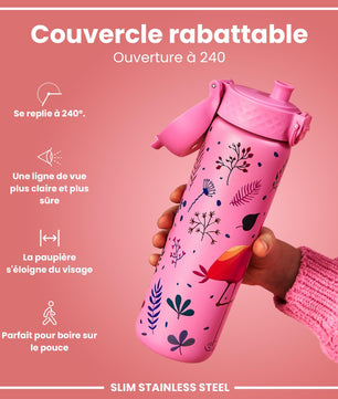 Ion8 Gourde Inox Léger, 600ml, Non Isolé, Anti-Fuite, Facile à Ouvrir, Verrouillage Sécurisé, Lavable au Lave-Vaisselle, Poignée de Transport, Durable, Acier Inoxydable, Flamant - Cpourtoi.Net
