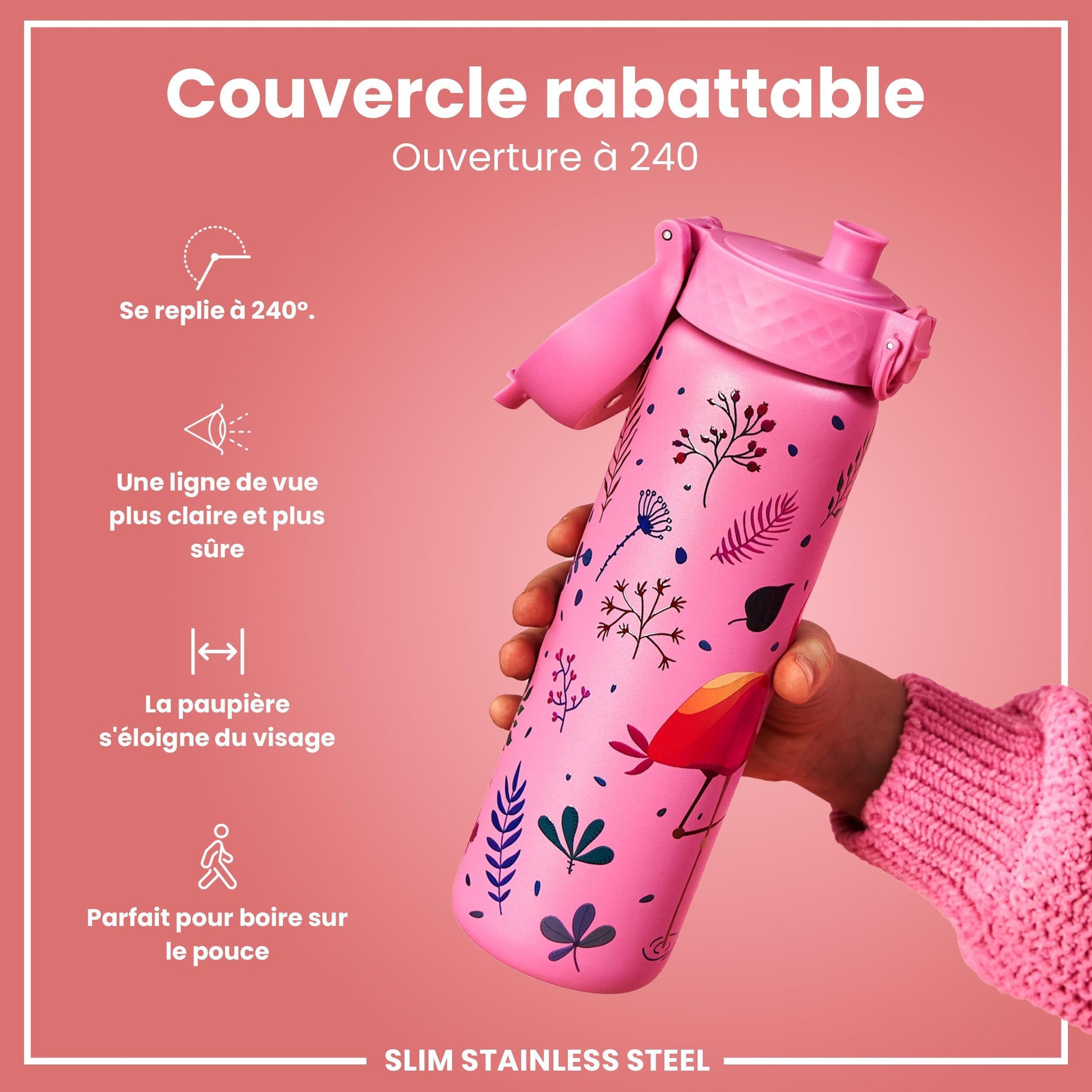 Ion8 Gourde Inox Léger, 600ml, Non Isolé, Anti-Fuite, Facile à Ouvrir, Verrouillage Sécurisé, Lavable au Lave-Vaisselle, Poignée de Transport, Durable, Acier Inoxydable, Flamant - Cpourtoi.Net
