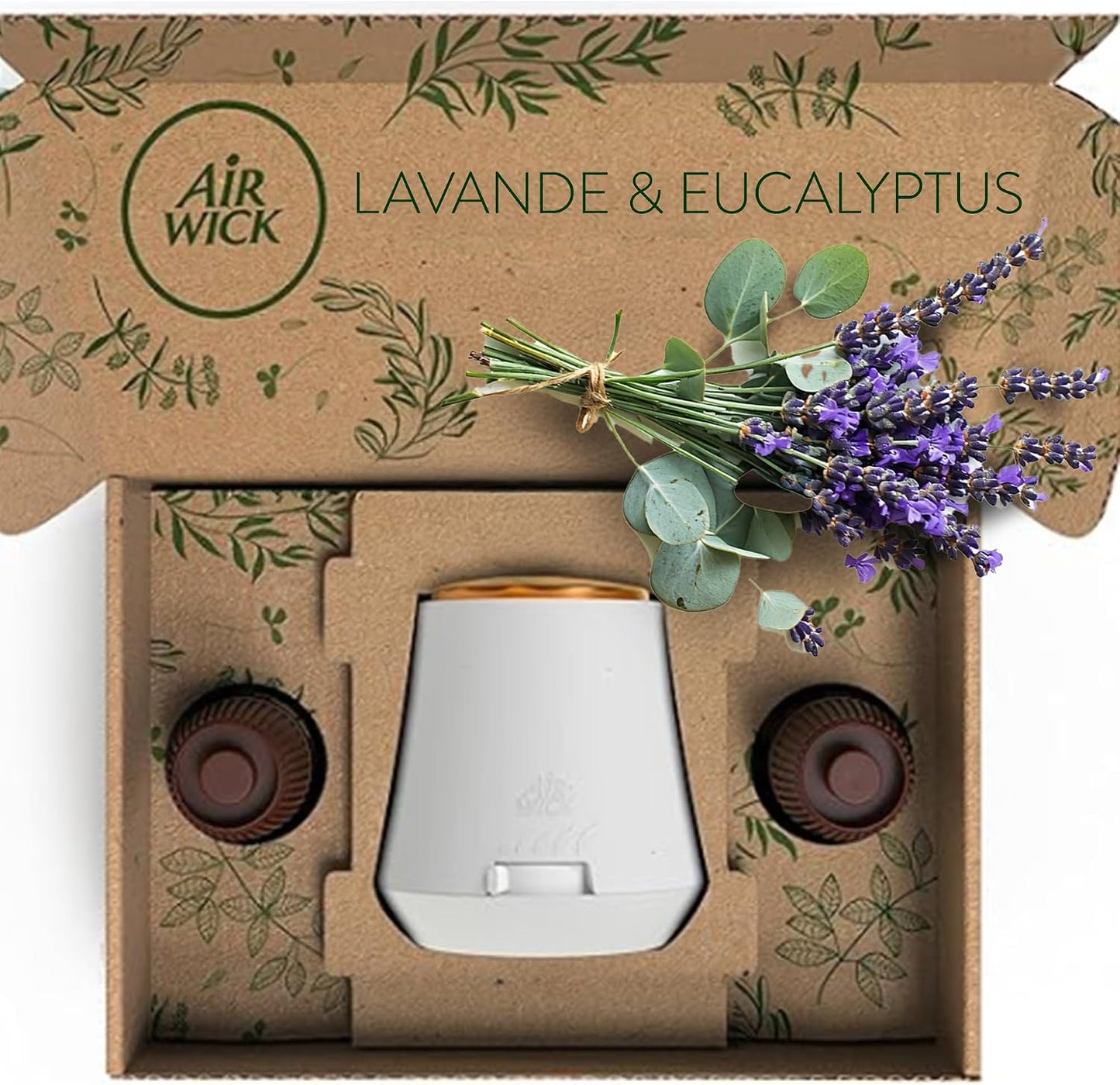 Air Wick Diffuseur d’huiles Essentielles Brume Parfumée+ 2 Recharges 20 ml Parfum Lavande et Eucalyptus