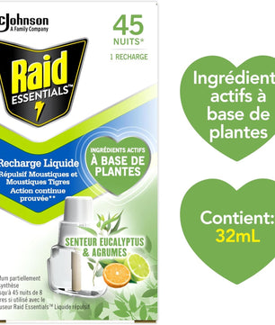 Raid Essentials Recharge Diffuseur Électrique Liquide- Répulsif Moustiques et Moustiques Tigres 45 Nuits - Senteur Eucalyptus et Agrumes - 1 Recharge - Cpourtoi.Net