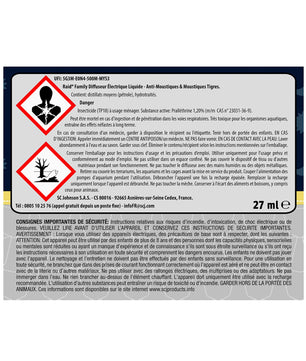 Étiquette de sécurité du produit Raid Family diffuseur électrique anti-moustiques, contenant des informations sur les précautions d’usage.