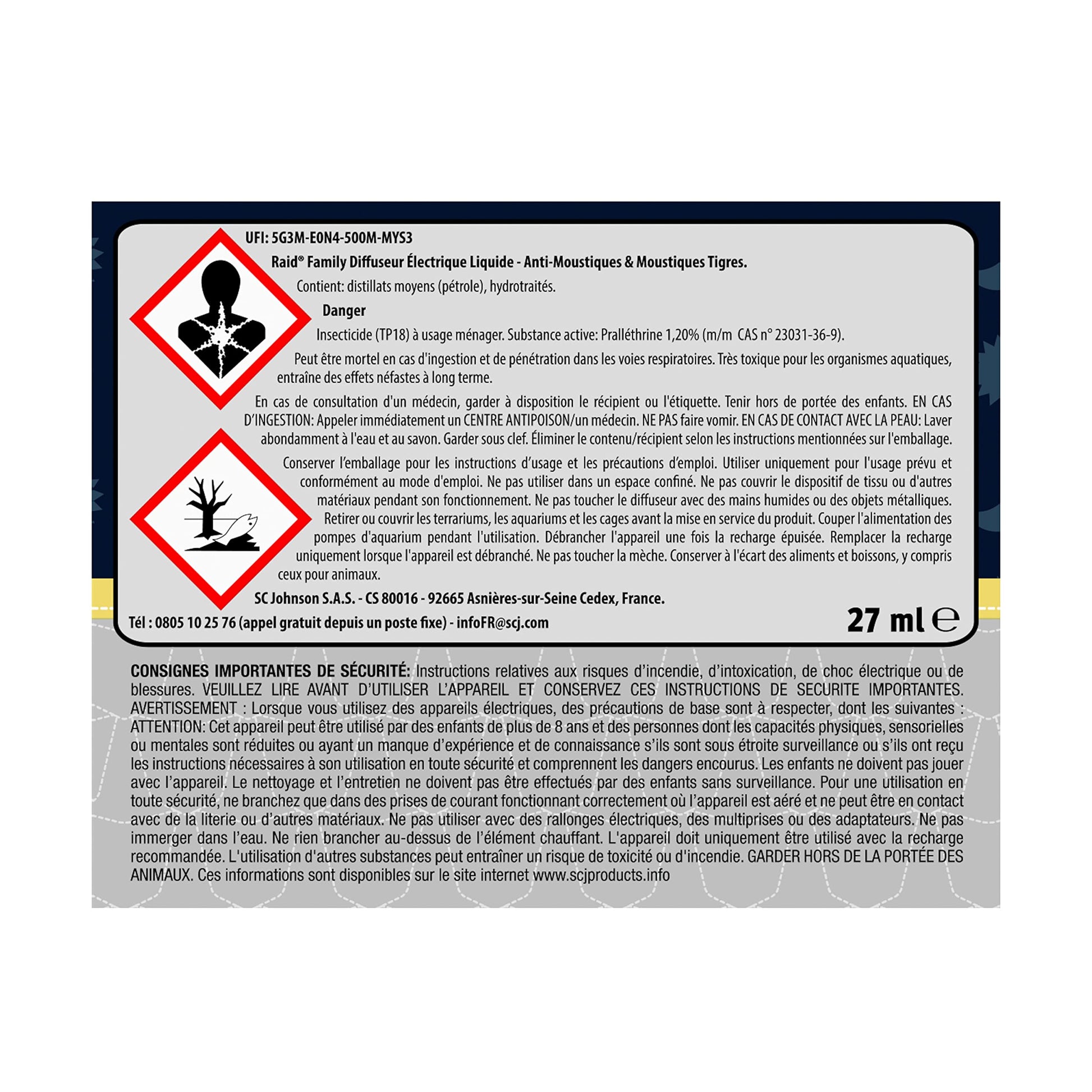Étiquette de sécurité du produit Raid Family diffuseur électrique anti-moustiques, contenant des informations sur les précautions d’usage.