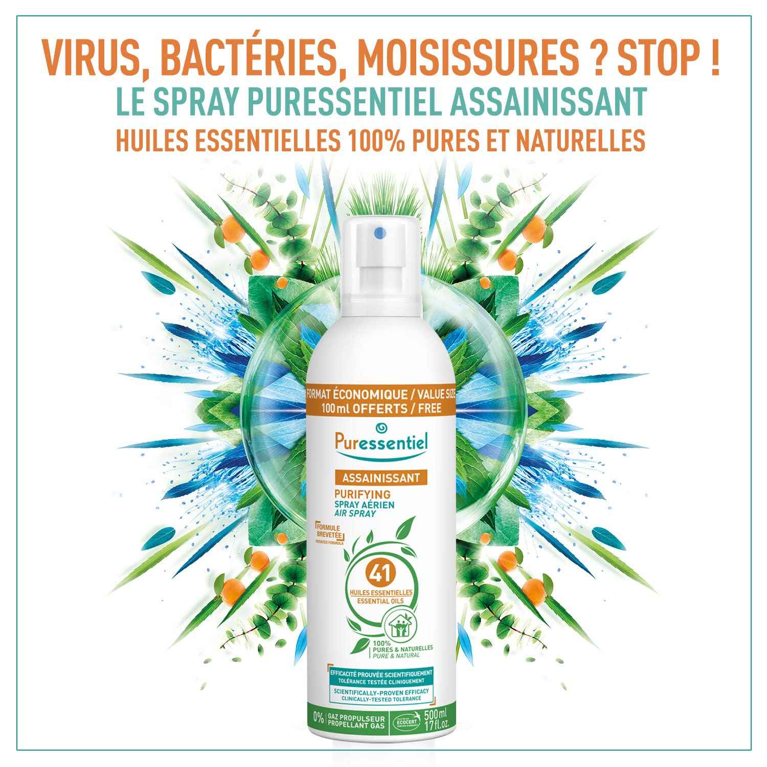 Affiche publicitaire du spray assainissant Puressentiel, stoppe virus, bactéries et moisissures. Formule 100% naturelle aux huiles essentielles pures.