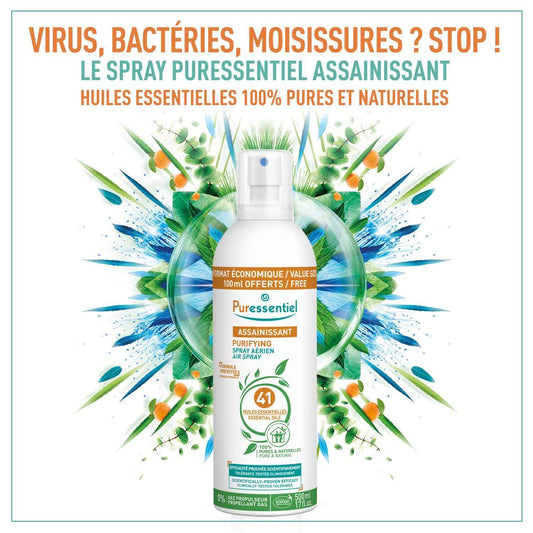 Affiche publicitaire du spray assainissant Puressentiel, stoppe virus, bactéries et moisissures. Formule 100% naturelle aux huiles essentielles pures.