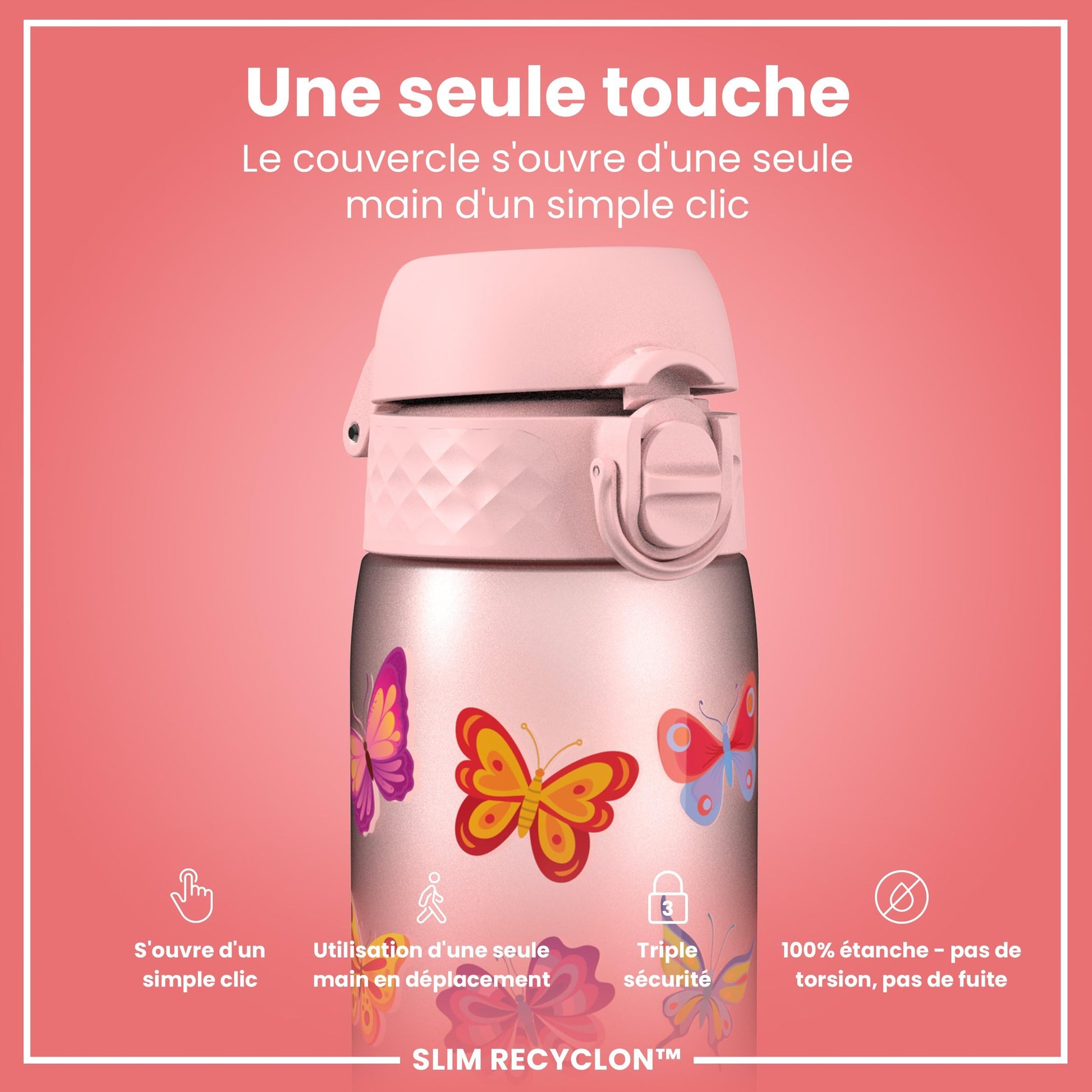 Ion8 Gourde, 500ml, Anti-Fuite, Facile à Ouvrir, Verrouillage Sécurisé, Lavable en Lave-vaisselle, Sans BPA, Poignée de Transport, S'adapte aux Porte-gobelets, Facile à Nettoyer, Motif Papillon - Cpourtoi.Net