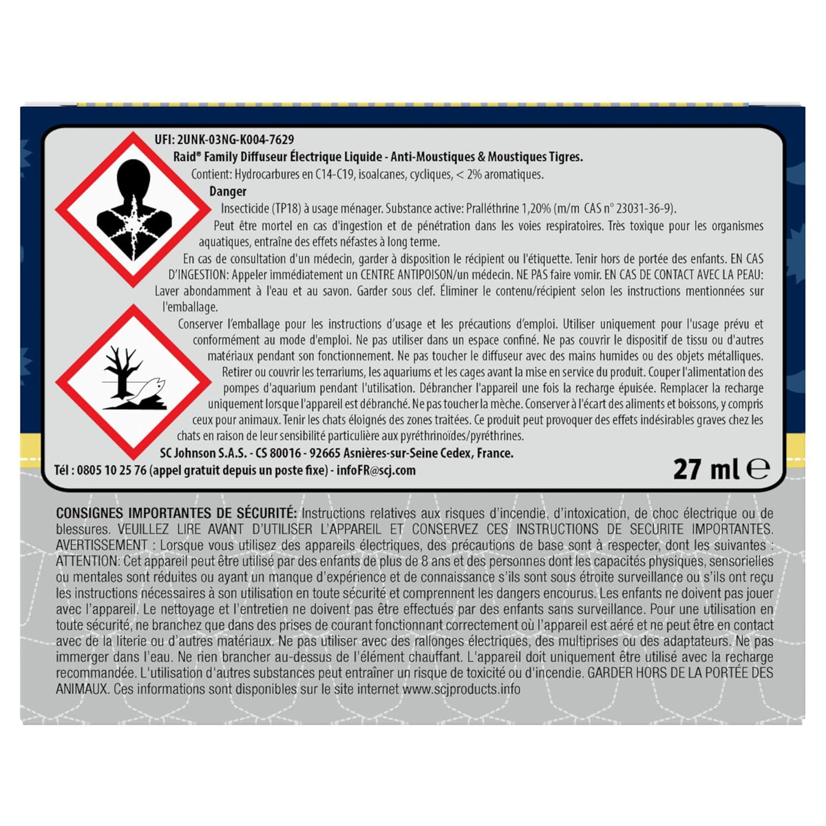 Raid Family Diffuseur Electrique Liquide - Moustiques et Moustiques Tigres 45 Nuits - Sans Parfum Ajouté - 1 Diffuseur + 1 Recharge