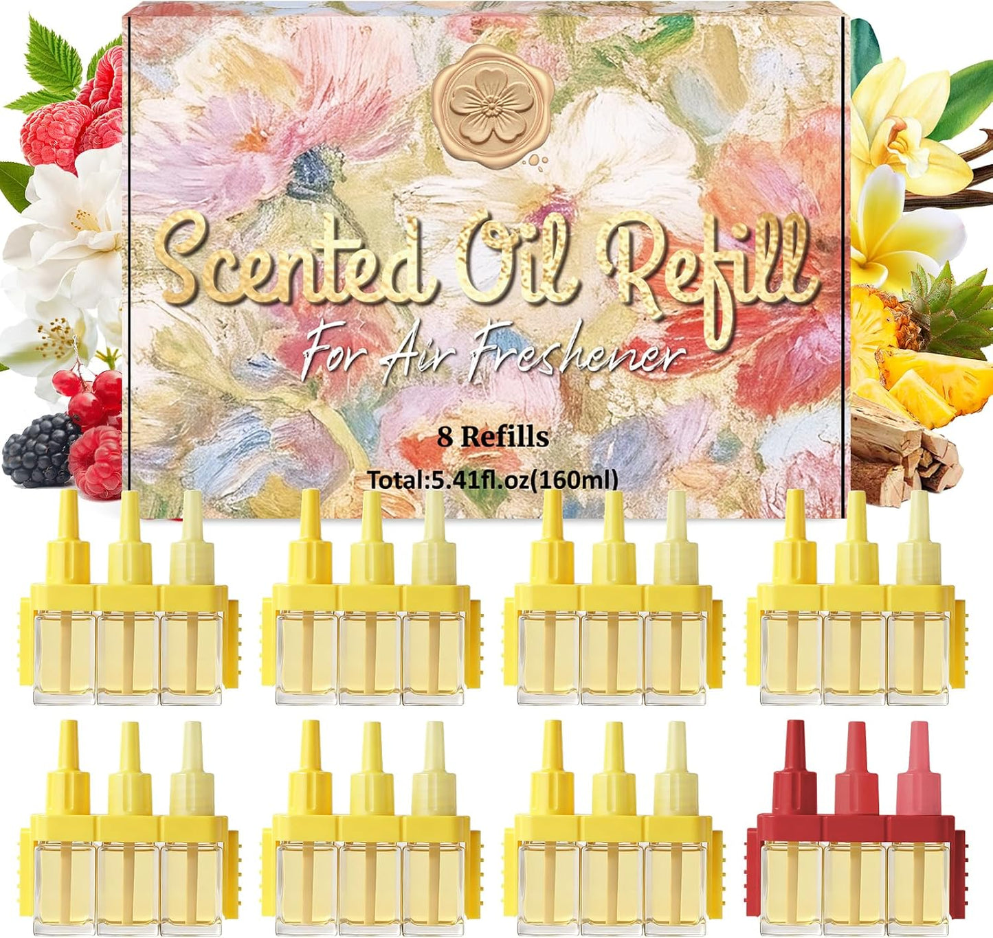 Recharges pour Diffuseur Électrique, Compatible avec Febreze 3Volution Recharges de Désodorisant, Parfum Hawaïi,Vanille, Santal, Framboise, Jasmin, Baies 8x20ml, 3 Parfums en Alternance