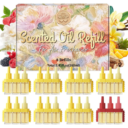 Recharges pour Diffuseur Électrique, Compatible avec Febreze 3Volution Recharges de Désodorisant, Parfum Hawaïi,Vanille, Santal, Framboise, Jasmin, Baies 8x20ml, 3 Parfums en Alternance